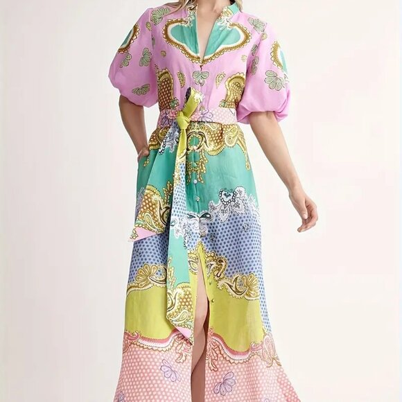 Dotted Paisley Print Boho Tie Waist Puff Sleeve Colorful Spring Dress - Picture 1 of 2